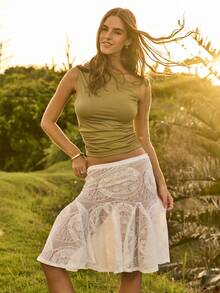 Aralina 女士弹力腰带花卉蕾丝荷叶边中长裙 - 白色 - 查看 7