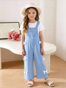 Elladie kids 女童休闲风宽松直筒背带裤，天蓝色配白色蝴蝶结装饰，面料柔软舒适，适合日常休闲穿着、上学通勤，春夏秋冬四季皆宜。 - 藍色 - 查看 4