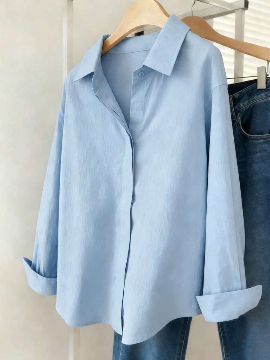 Franclia Áo sơ mi dài tay cài cúc màu trơn dành cho nữ, kiểu dáng thường ngày. - Màu xanh lam - Xem 1