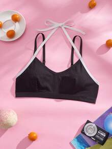 Eraneu Contrast Rib Knit Elegant & Comfortable Camisole Bra Lingerie - Black - View 6