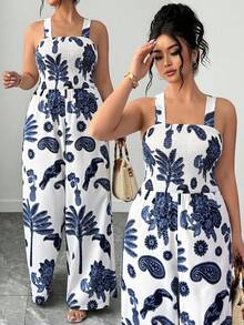 Elenzga Bộ jumpsuit không tay in hoa dành cho nữ cỡ lớn, kiểu dáng thanh lịch, thích hợp cho kỳ nghỉ xuân hè. - Màu xanh lam - Xem 9