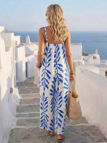 EMERY ROSE 女士夏季度假树叶印花连体裤 - 藍色 - 查看 2