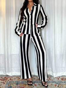 Pariaura Petite Women's Elegant Vacation & Commute Striped 2 Pieces Set - Black and White - View 3