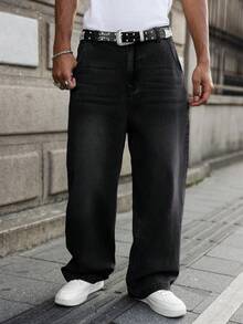 GALLERY FADE Quần jeans nam ống rộng, màu xám nhạt, kiểu dáng thường ngày. - màu đen - Xem 4