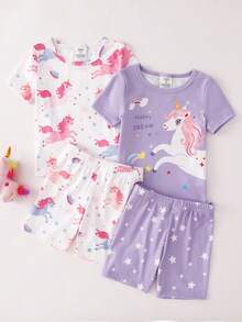 Conjunto de pijama de 4 piezas para niñas pequeñas con estampado de unicornio y estrella arcoíris, incluye top de manga corta y pantalones cortos, suave y cómodo - Multicolor - Ver 3
