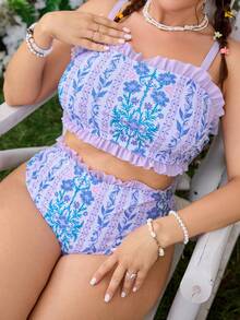 Swim Mod Conjunto de traje de baño de talla grande para mujer con tirantes finos y shorts regulares, adecuado para vacaciones en la playa, primavera/verano - Multicolor - Ver 1