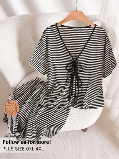 CosyJoli Plus-Size Two Pieces Set, Plus-Size Loose-Fitting Casual Women's Suit, Striped Suit, Summer Casual Women's Clothing