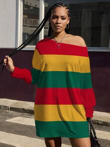 Slaydiva 大码休闲简约红黄绿条纹假日连衣裙 - 彩色 - 查看 6