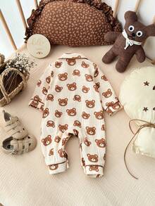 新生女宝宝休闲可爱卡通图案撞色长袖连体衣 - 卡其色 - 查看 2