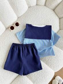 男婴可爱休闲条纹短袖T恤短裤套装（2件套），藏蓝色 - 彩色 - 查看 8
