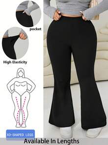 SHEIN Tall CURVE Plus Size Women Casual Solid Color High Waist Flare Leg Pants, Versatile For Daily Commute Plus Size Flare Pants Flared Leggings For Women Plus Size Bell Bottoms Yoga Pants Plus Size Maternity Clothes Maternity Pants,High-Elastic Pants - Black - View 7