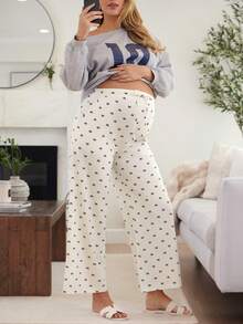 SHEIN 孕妇蝴蝶结印花抽绳腰带口袋阔腿宽松休闲裤 - 卡其色 - 查看 1