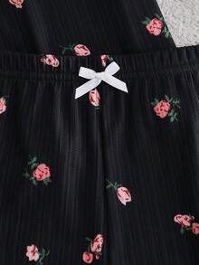 SHEIN Women's Floral Print Casual Pajama Set - Black - View 7