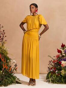 Zivah 2026 Spring/Summer New Arrival Romantic, Music Festival, Easter, Western, Boho, Nashville Inspired Round Neck Puff Sleeve Cinched Waist Dress With Pockets, Ruched Hem A-Line, Mesh Sheer, Fully Lined, Pale Yellow - Pale Yellow - View 4