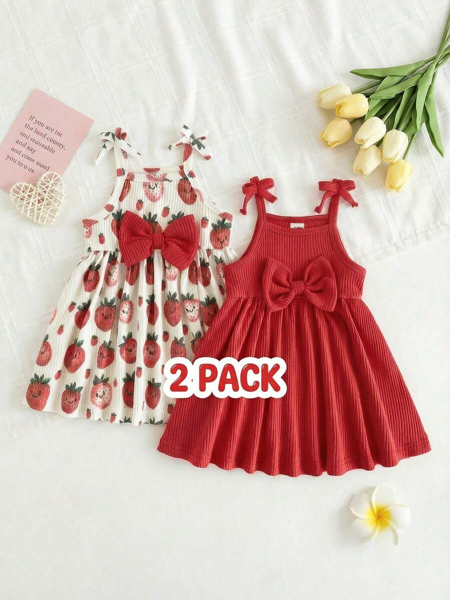 SHEIN 2 Sets Baby Girls Cute Sweet Summer Outfits Cartoon Strawberry Print Solid Color Red White Ribbed Texture Big Bowknot Decor Tie Strap Sleeveless Tank Dress Set Soft Stretchy Toddler Infant Beach Vacation Party Sundress Clothes - Red - View 1