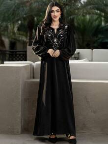 Layrah Abaya Arab Hitam Buatan Tangan dengan Hiasan Berlian Imitasi, Gaun Pesta Malam Mewah dan Elegan Dubai, Gaun Pesta Pernikahan Formal - Hitam - View 9