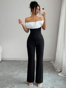 Rafferiza Women's Elegant And Sexy Black-And-White Contrast Off-The-Shoulder Slim-Fit Jumpsuit With A Fitted Waist,Suitable For Daily Wear/Business Attire/Commute Outfit/Relaxing Vacation/Dinner/Valentine's Day - Black - View 4