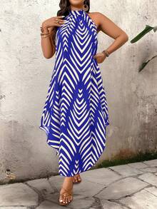 EMERY ROSE Đầm cổ yếm kẻ sọc thời trang thường ngày dành cho nữ cỡ lớn đi nghỉ mát - Xanh đậm - Xem 6