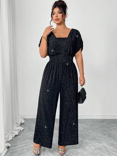 Elenzga Plus Size Women's Sleeveless Deep V-Neck Loose Wide Leg Jumpsuit, Shiny Elegant Jumpsuit Suitable For Cocktail Party, Brunch, Commuting, Fashionable And Graceful