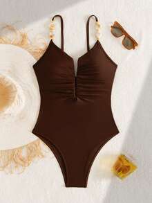 Swim Chiccia 女士优雅可调节串珠肩带连体泳衣，修身性感，适合海滩、海岛、度假村和休闲场合 - 咖啡棕 - 查看 2