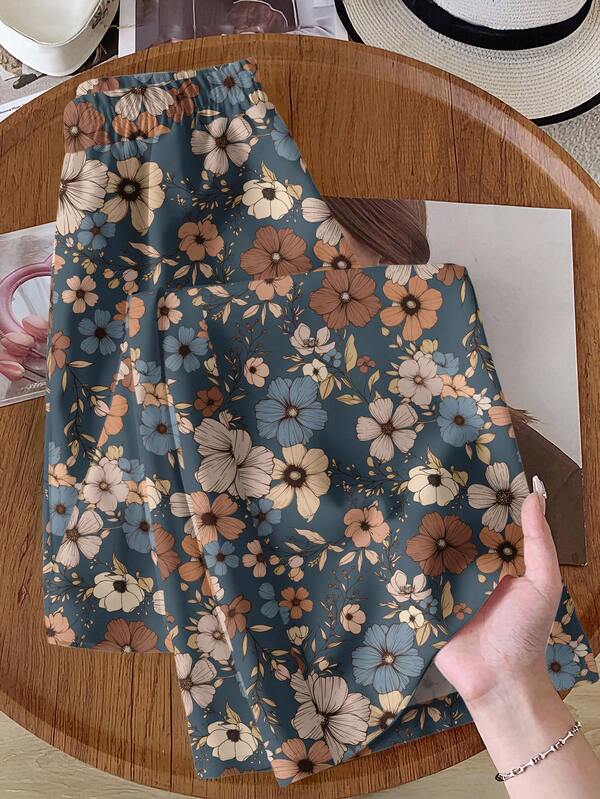 Rusticease Women's Elastic Waist Wide Leg Casual Printed Pants, Floral Print