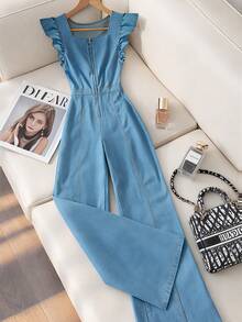 GlowEve Women's Casual Zip-Up Ruffled Denim Jumpsuit, Summer - Blue - View 1