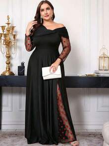 SHEIN Clasi 大码女式不对称领口扭结拼接爱心网纱长袖优雅连衣裙 - 黑色 - 查看 5