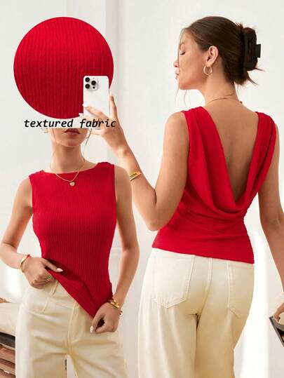 Ritzy Row Elegante chaleco sin mangas de punto de color rojo sólido, estilo francés, con diseño hueco en la espalda y que ciñe la cintura, adecuado para fiestas de cóctel y atuendos de citas, nueva blusa para mujer