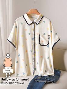 CosyJoli 大码休闲撞色衬衫、心形印花衬衫、纽扣衬衫、宽松舒适的夏季服装、贝壳边撞色上衣、休闲夏季女装。 - 白色 - 查看 4