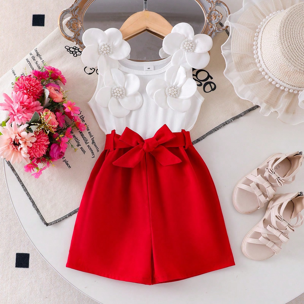 Conjunto de 2 piezas de camisola floral y mono para niñas pequeñas, con cinturón floral dulce y cómodo, conjunto de ropa casual de verano para ni?