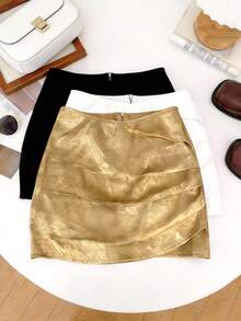Franclia 女士优雅浅金色百褶A字迷你裙，百搭时尚休闲裙，适合夏季、海滩、音乐节、约会、日常穿着、情人节、派对等场合。 - 金色 - 查看 1