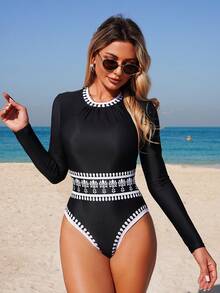 Swim Mulvari Women's Spring/Summer Fashionable Round Neck Long Sleeve Zipper One-Piece Suit And Women's Long Swim Trunks Extra Long Tie-Waist Mesh Skirt One-Piece Set - Black and White - View 3