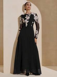 Graceveil 黑色圆领刺绣网纱长袖收腰连衣裙（女款） - 黑色 - 查看 8