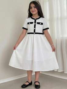 Tween Girl Elegant Round Neck Short Sleeve Colorblock T-Shirt And Skirt Set Tween Girl - White - View 3