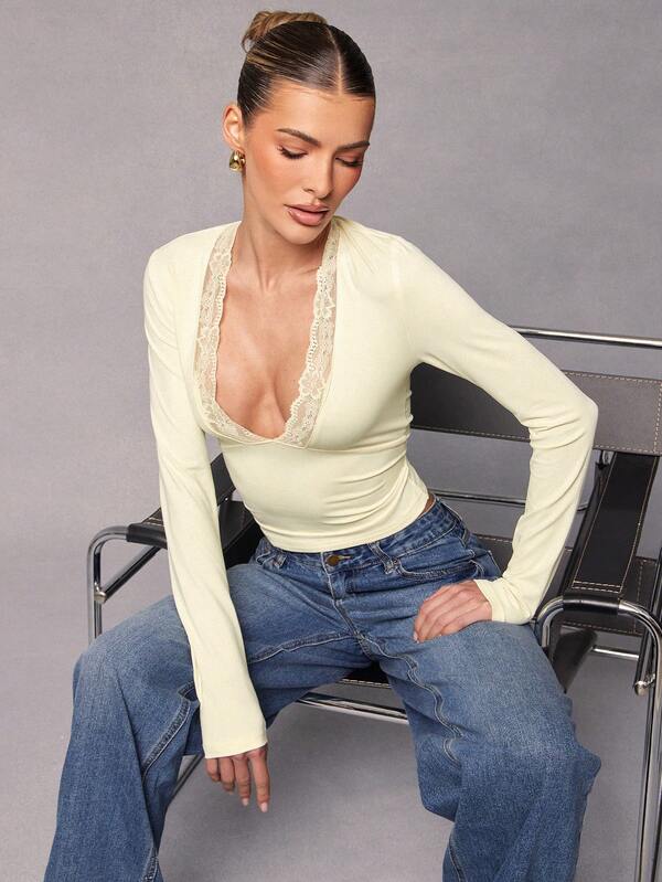 Hauture 办公室风格蕾丝边长袖针织上衣