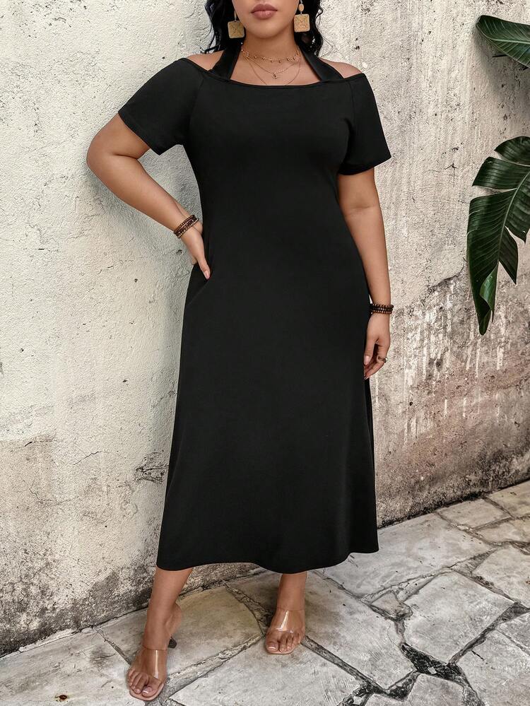 Elenzga Vestido ajustado de talla grande para mujer con cuello halter y mangas cortas - Negro - Añade 3