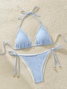Swim Mod Women's Summer Vacation Beach Solid Color Textured Halter Bikini Set - Blue - View 5