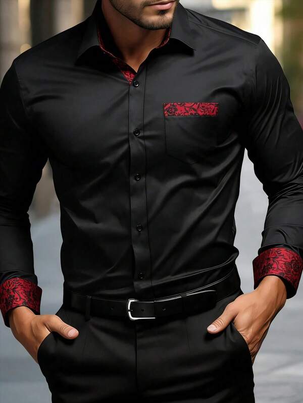 Manfinity Bizformal Men's Shirt Selection - Craftsmanship Collection: Stylish Patchwork Business Casual Long-Sleeve Button-Up For Spring/Autumn, Wrinkle-Resistant Quick-Dry Fabric With Smooth Texture, Classic Collar Design, Office & Party Wear Men's Designer Dress Shirt Men's Black Shirt With Red Pattern Men's Black Dress Shirt Men's Luxury Dress Shirt Men's Fancy Dress Shirt,Weekend Trips, Outdoor Activities, Travel Expeditions, Relaxed Work Environments Or Semi-Formal Occasions, Boyfriend/Husband Gift, Anniversary /Birthday Gift Party Summer Vacation Holiday New Years Wedding Valentine's Day Men's Luxury Shirts Fancy Shirts For Men Men Dress Shirt