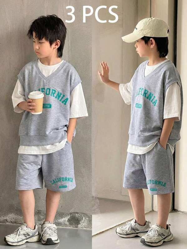 3pcs Kids/Tween Boys Casual Everyday Comfortable Letter Print Graphic Crew Neck Tank Top, Solid Crew Neck Short Sleeve T-Shirt, Solid Shorts Knit 3-Piece Set