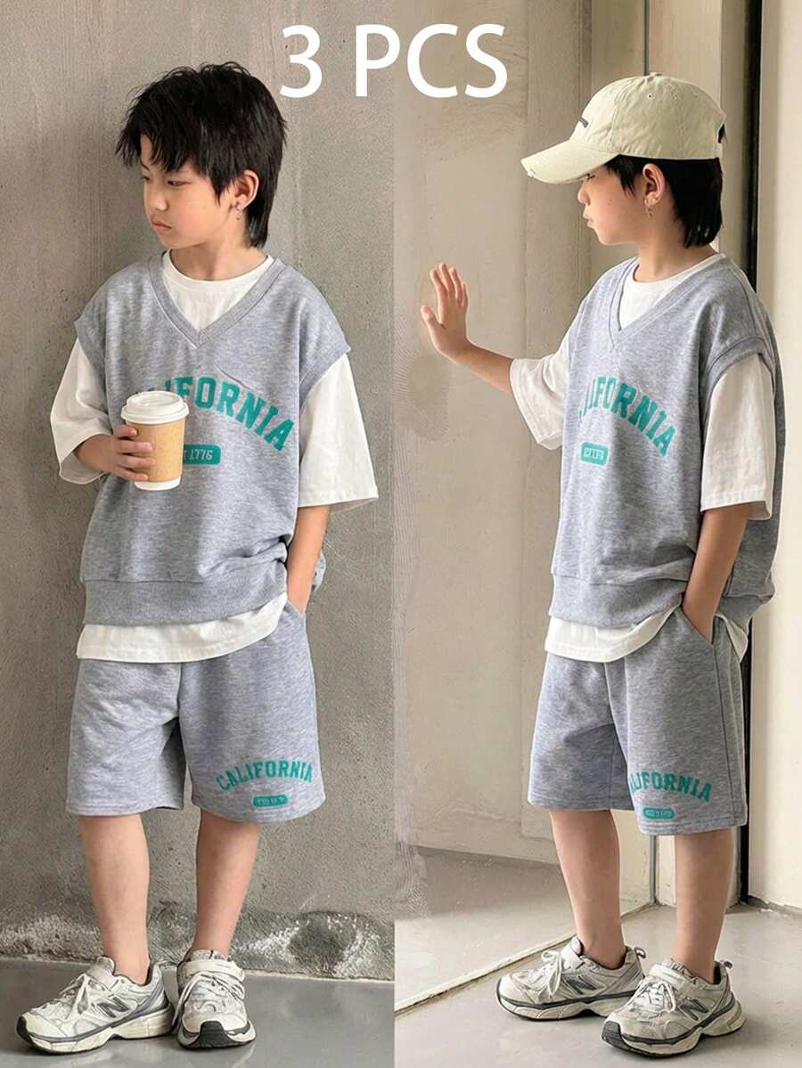 SHEIN Little Byeori 3件套儿童/青少年男童休闲日常舒适字母印花圆领背心、纯色圆领短袖T恤、纯色针织短裤三件套 - 彩色 - 查看 1