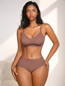 NudeFit 2pcs Set Minimalist Comfortable Jelly Gel Seamless Underwear, Includes Triangle Panties And Sleep Bra - Mocha Brown - View 3