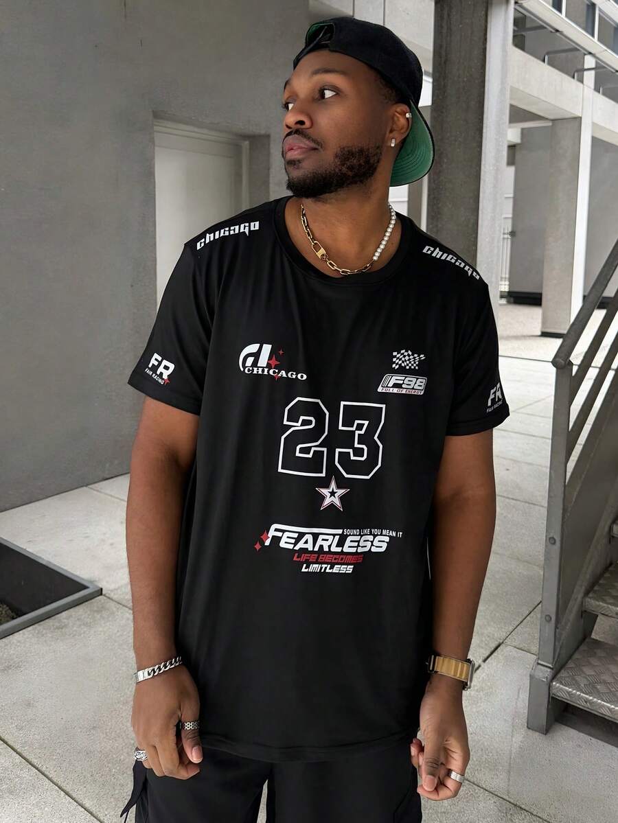 Heavens Edit 男士时尚赛车风格英式印花休闲 T 恤，图案 T 恤 - 黑色 - 查看 1