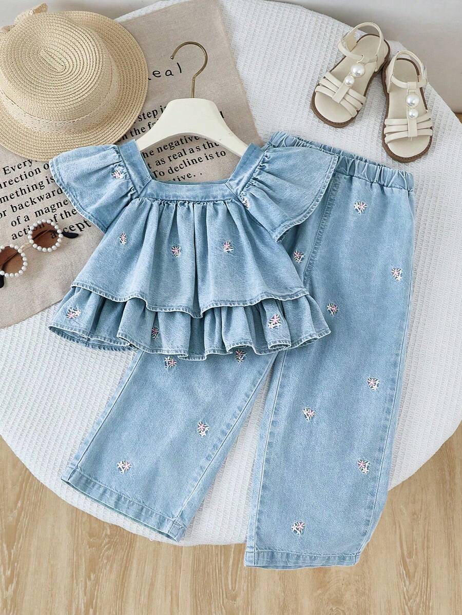 Toddler Girls Ditsy Floral Loose Fit Smocked Top With Ruffle & Wide Leg Casual Denim Pants, Fashion Set, Toddler Girl Clothes Summer Denim Set. Summer Holiday - Light Wash - View 1