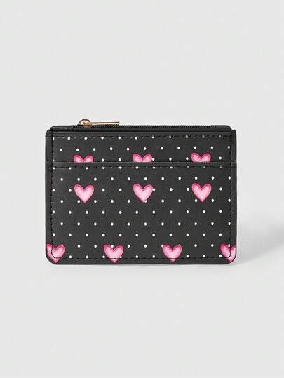 ROMWE Kawaii Black Polka Dot Pink Heart Card Bag