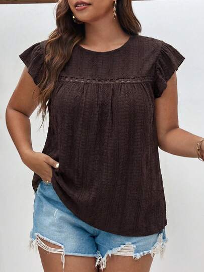 SHEIN Frenchy Plus Size Women's Solid Color Round Neck Cap Sleeve Contrast Lace Casual T-Shirt Eyelet Top For Women Brown Top Women, Summer Tops