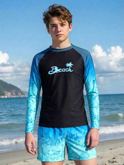 Traje de baño para adolescentes varones, parte superior de manga larga con estampado de videojuegos combinada con shorts de tela elástica en 4 direcciones, traje de baño de verano para playa y surf