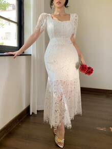 DAZY 女士蕾丝领短袖修身优雅长款连衣裙 - 白色 - 查看 8