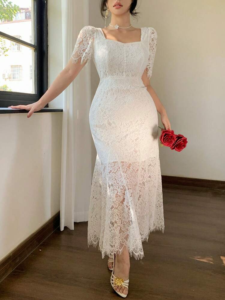 Women's Lace Collar Short Sleeve Fitted Waist Elegant Long Dress Sundress
