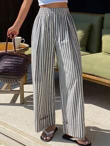 DAZY 撞色条纹宽松阔腿裤，松紧腰七分休闲裤，女士春秋季款 - 白色 - 查看 4