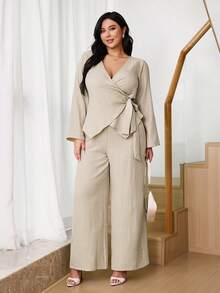 SHEIN Tall CURVE 大码女装春秋季休闲日常工作服简约纯色V领系带裹腰上衣和阔腿裤两件套 - 杏色 - 查看 6